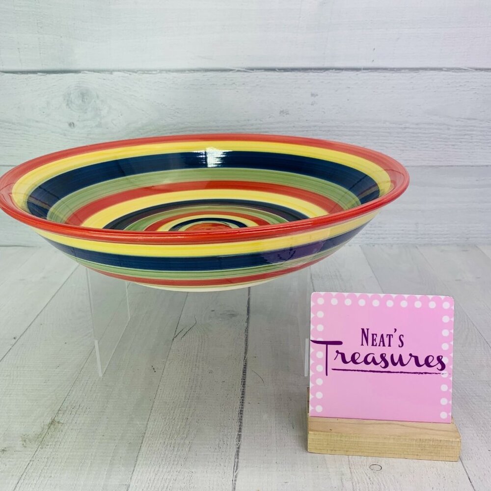 Tabletops SWIRL Red Blue Hand Painted Stoneware Pasta Salad 12 1/4" Serving Bowl